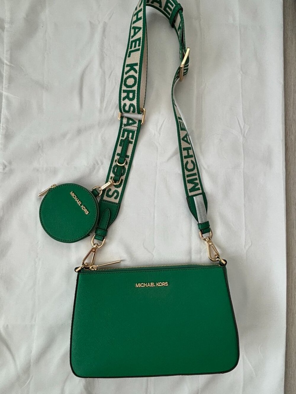 Michael Kors Green Saffiano Leather Jet Set Crossbody Bag Set